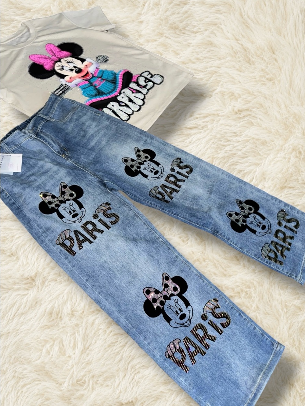 Women’s Minnie Mouse Paris Rhinestone 2-Piece Denim Set zise L